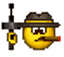 a pixel art smiley face is wearing a hat and smoking a cigar and holding a gun .