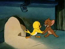 a cartoon of jerry and a yellow duck holding hands