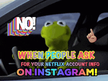 kermit the frog is sitting in a car with the words " no when people ask for your netflix account info on instagram " below him