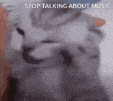 a close up of a cat 's face with the words stop talking about music below it