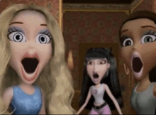 three dolls with their mouths wide open are standing next to each other in a room