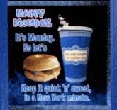 a happy monday poster with a sandwich and a cup of coffee