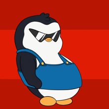 a penguin wearing overalls and sunglasses is standing on a colorful background