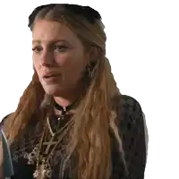 a woman with long blonde hair wearing a choker and necklace