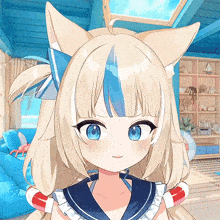a close up of a blonde anime girl with cat ears and blue eyes