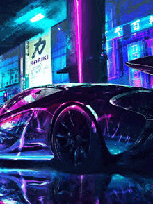 a car is parked on the side of the road in front of a building in a city at night .