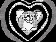 a black and white drawing of a furby inside of a heart .