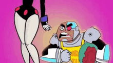 a cartoon character is standing next to a woman in a bathing suit on a pink background .
