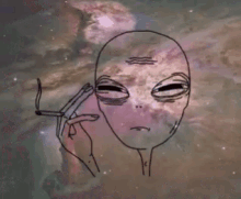 a drawing of an alien smoking a cigarette with a galaxy background