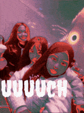 a group of girls are posing for a picture and the word uutuuch is on the bottom left