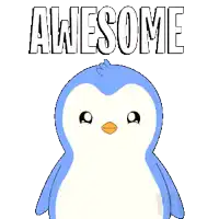 a blue and white penguin is waving in front of the words awesome