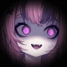 a close up of a girl 's face with purple eyes and vampire teeth .