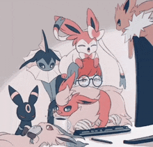 a group of pokemon are gathered around a person using a keyboard