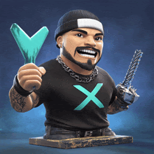 a man in a black shirt with an x on it is holding a sword