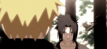 two anime characters are standing next to each other and one has a tear running down his face