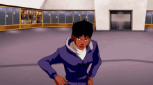 a cartoon character is standing in a room with lockers and a door