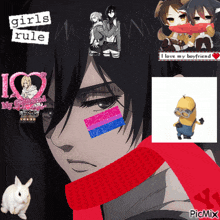 a girl with a scarf around her neck has a picture of a minion on her face and the words " i love my boyfriend "