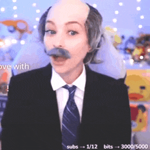 a man in a suit and tie with a fake mustache and a bald head