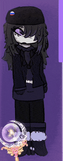 a drawing of a girl wearing a black hat with a russian flag patch
