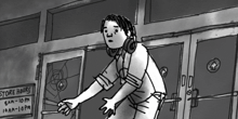 a black and white drawing of a person standing in front of a door that says hours