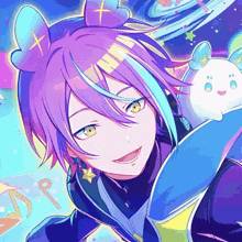 a purple haired anime character with a white ghost behind him