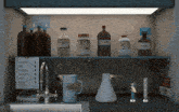 a shelf with various chemicals including h2o