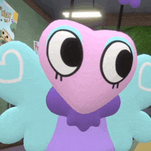 a cartoon character with a heart shaped face and wings is standing in front of a sign that says sally