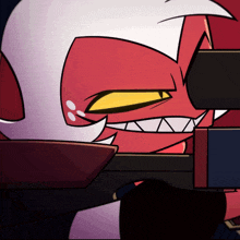 a red and white cartoon character with yellow eyes