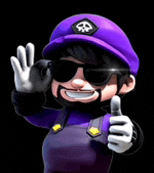 a cartoon character wearing a purple hat and sunglasses is giving a thumbs up sign .