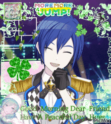 a picture of a blue haired anime character with the words moremore jump