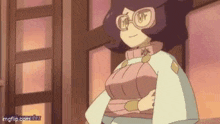 a cartoon girl wearing glasses and a kimono is standing next to a window .