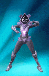 a video game character with a purple hood and a smiley face on its face