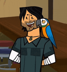 a cartoon character with a blue and orange parrot on his shoulder
