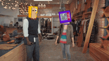 a man and a woman walking in a store with a sign that says glur pass on it