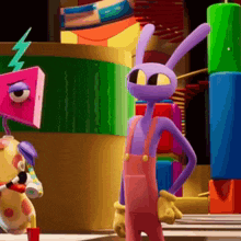 a purple rabbit in pink overalls is standing next to a stuffed animal in a colorful room .