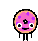 a cartoon drawing of a pink donut with purple polka dots and white eyes .
