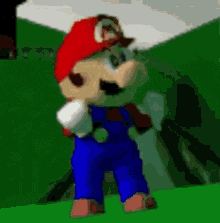 a cartoon of mario wearing blue overalls and a red hat is standing in a field .