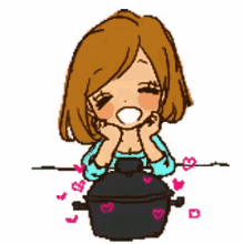 a cartoon of a girl sitting next to a pot with hearts around her
