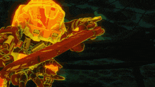 a video game character is holding a sword and pointing