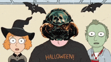 a cartoon of a man wearing a halloween shirt with bats flying around him