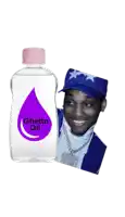 a bottle of ghetto oil next to a picture of a man in a blue hat