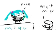 a drawing of a girl with headphones standing next to a cartoon character .