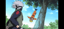 a cartoon of naruto falling from a tree while kakashi watches