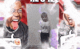 a man with his tongue hanging out and a child with a sign that says hein