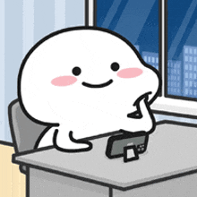 a cartoon character is sitting at a desk with a cell phone in front of a window .