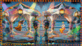 a painting of a woman dancing with a child and a man sitting in front of a tent