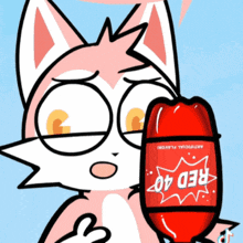 a cartoon cat holding a red 40 bottle