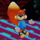 a cartoon squirrel wearing a blue jacket and yellow shoes