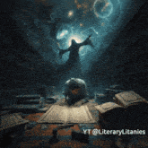 a painting of a man reading a book with the words yt @literaylitanies