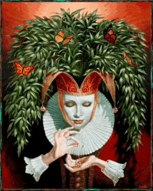 a painting of a woman wearing a jester 's hat with leaves and butterflies